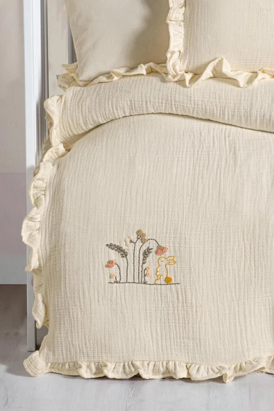 Kanz 4 Kat Hand Made Fırfırlı Müslin Örtü Seti Knz-020 Krem - 3