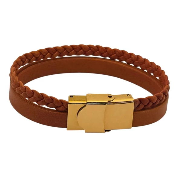 14 Ayar Altın Plakalı İsme Özel Taç Figürlü Doğal Kahverengi Derili Hediye Bileklik-511 - Resim 4