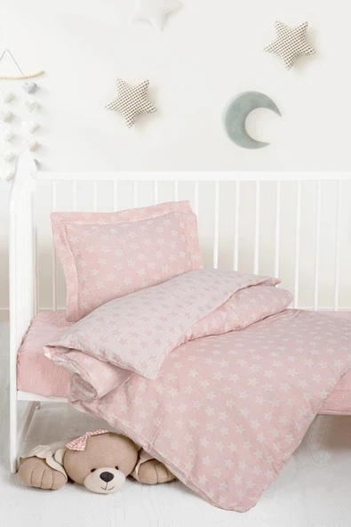 Kanz Jakarlı Müslin Bebek Nevresim Takımı Knz-013 Stars Pembe