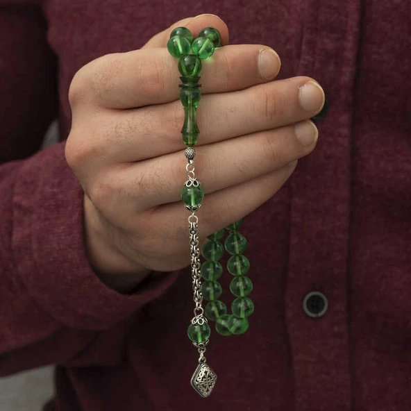 ​Gümüş Püskül Yeşil Küre Ateş Kehribar Tesbih - Resim 2