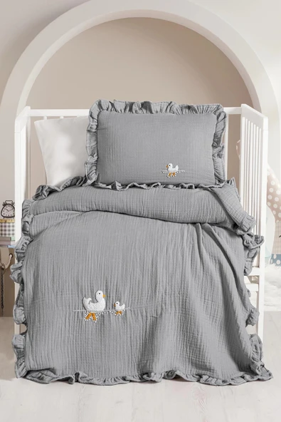 Kanz 4 Kat Hand Made Fırfırlı Müslin Örtü Seti Knz-020 Gri