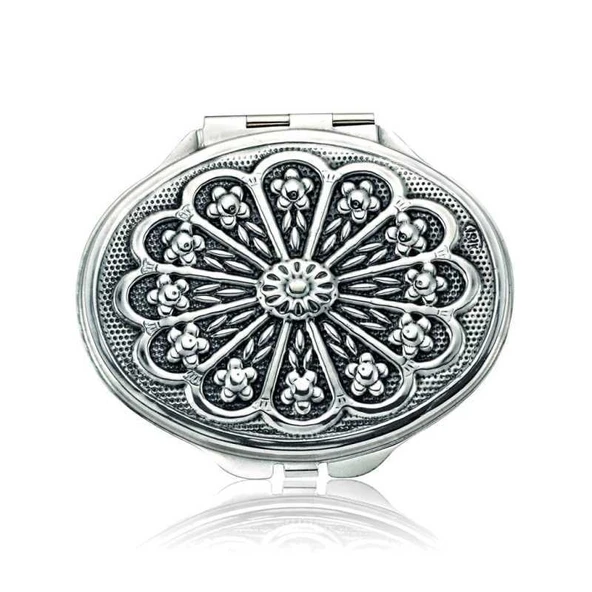 925 Ayar Gümüş Papatya Motifli Kapaklı Oval El Aynası ürün görseli 1