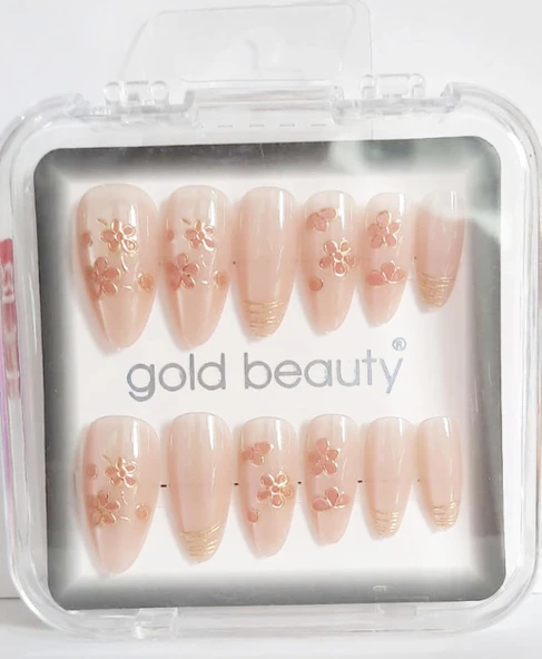 Gold Beauty Kedi Gözü Takma Tırnak 12 li EP-1527 - 20 Ten Çiçek Desenli - 2