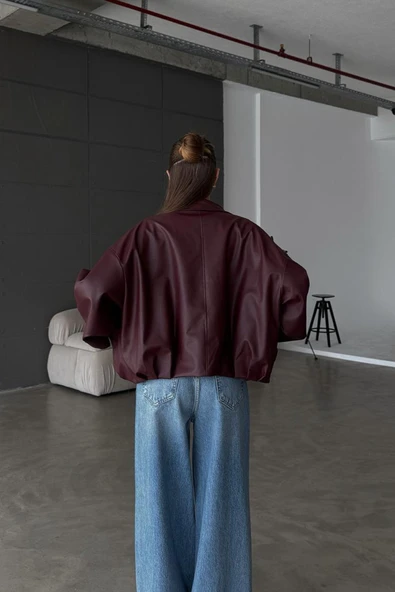 Kadın Oversize Deri Ceket– Oversize Relax Fit, Fermuarlı Kemer Detaylı Günlük Kadın Ceket - 4