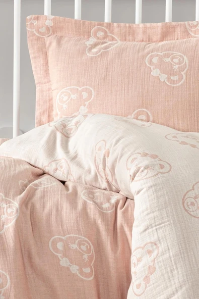 Kanz Jakarlı Müslin Bebek Nevresim Takımı Knz-013 Bear Pudra - Resim 4