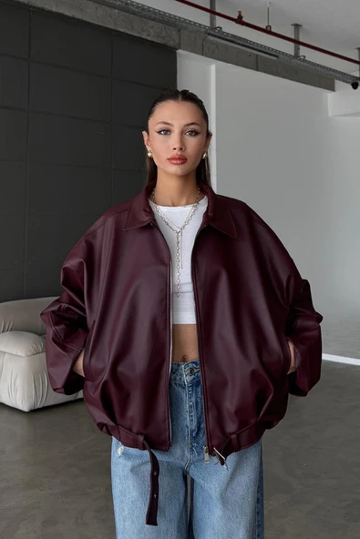 Kadın Oversize Deri Ceket– Oversize Relax Fit, Fermuarlı Kemer Detaylı Günlük Kadın Ceket - 1