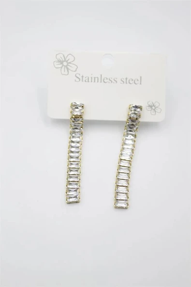 Büyük Baget Taşlı Çelik Küpe - Altın - 2