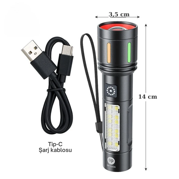 Şarjlı Metal El Feneri 1000 Lümen Güçlü Polis Feneri Çakarlı - Resim 5