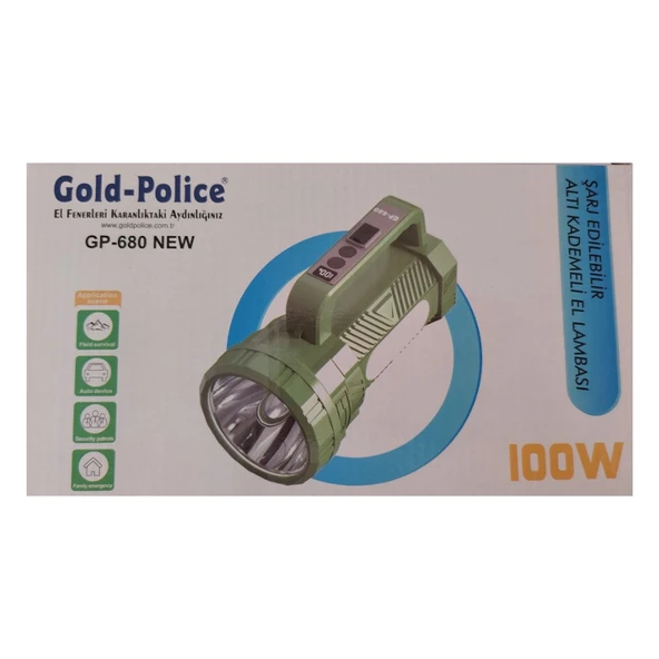GP-680 100W Şarjlı El Feneri Uzun Menzilli Projektör Dijital Gösterge 6 Kademe Yan Cob Işık - Resim 4