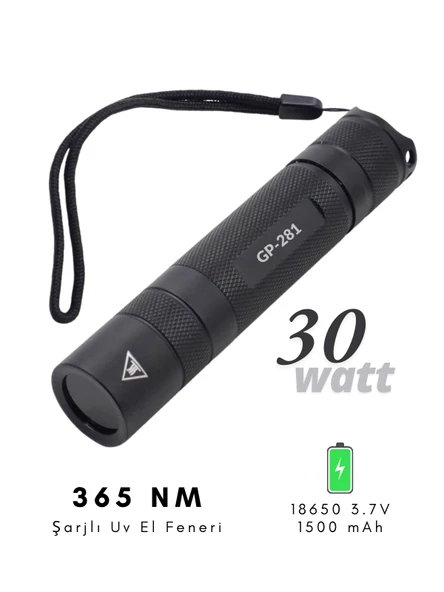 GP-281 Şarjlı Mor Uv Işık El Feneri 365 Nm Doğal Taş, Leke, Oje Kurutma Ultraviyole Fener 30 Watt - 2