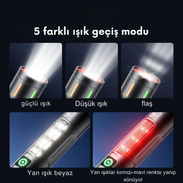 Şarjlı Metal El Feneri 1000 Lümen Güçlü Polis Feneri Çakarlı - Resim 4