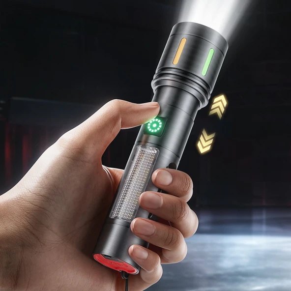 Şarjlı Metal El Feneri 1000 Lümen Güçlü Polis Feneri Çakarlı - Resim 2