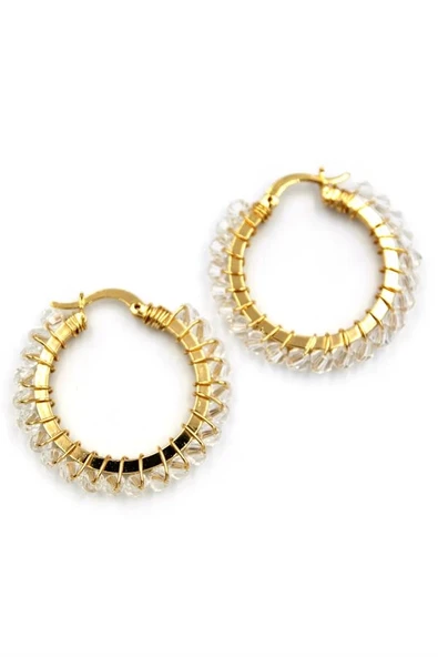 Kristal Boncuk Halka Küpe - Beyaz - Resim 2