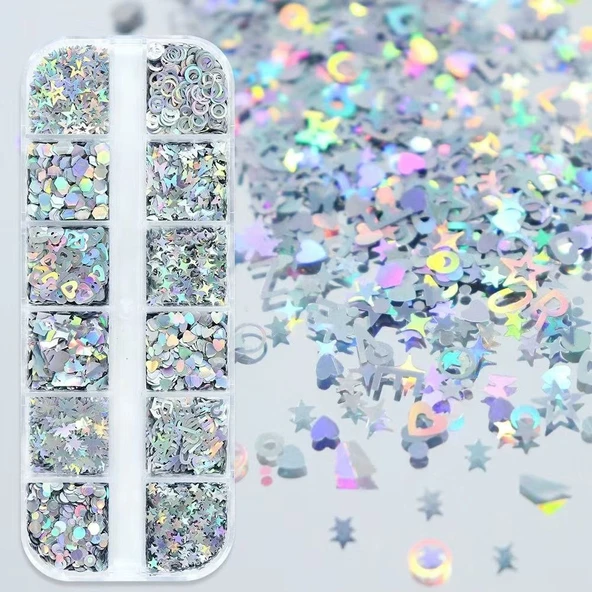 Holografik Gümüş Tırnak Süsleme Folyo Pulları Karışık Dizayn Kelebek Kalp Harfler Yıldızlar Nail Art ürün görseli