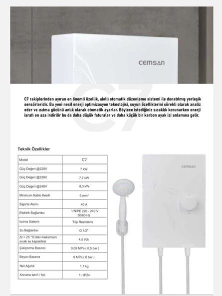cemsan c7 yeni nesil karbon izi  güneş enerji sistemine uyumlu elektrikli şofben - 3