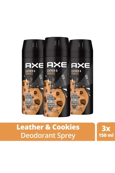 3 Adet Axe Erkek Sprey Deodorant Leather & Cookies 48 Saat Etkileyeci Koku 150 Ml