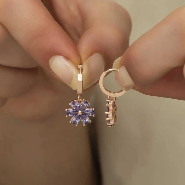 Gümüş Mor Çiçek Küpe - Resim 4