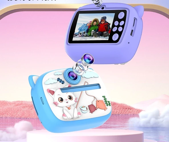 Kedi Temalı Anında Baskılı Çocuk Kamerası Print Kamera | Çift Kamera, 2,0″ Ekran, Silikon Kılıf - 3