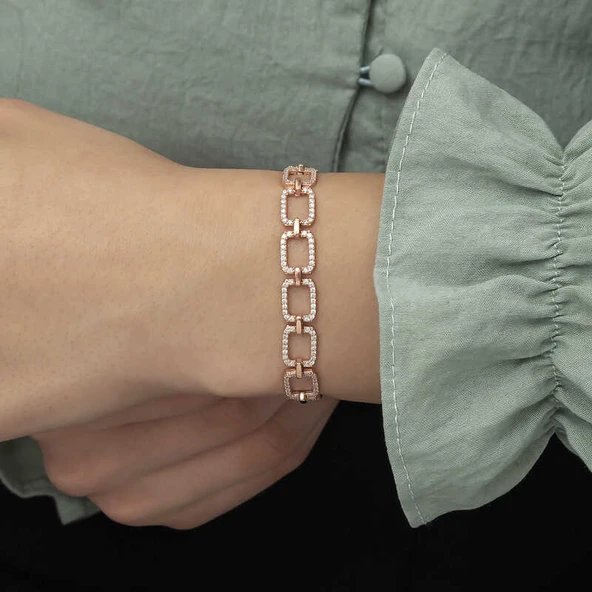 925 Ayar Gümüş Rose Kare Taşlı Bileklik - Resim 2