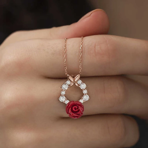 925 Ayar ​​Gümüş Rose Kırmızı Gül Kolye - Resim 4