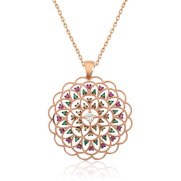 Gümüş Rose Geometrik Desenli Madalyon Kolye - Resim 5