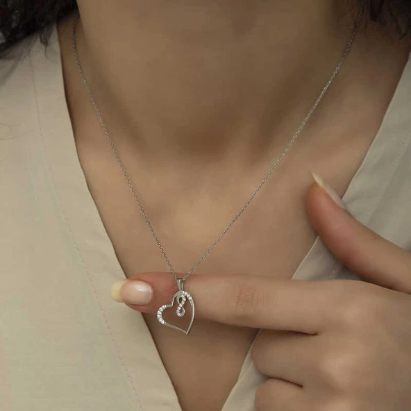 925 Ayar Gümüş Kalpli Sonsuzluk Bayan Gümüş Kolye - Resim 5