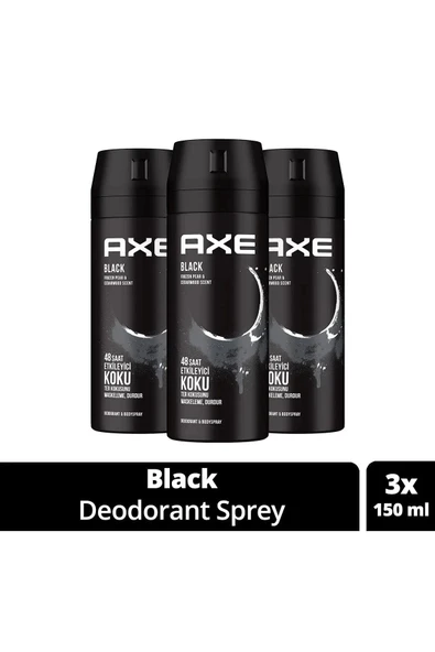 3 Adet Axe Erkek Deodorant & Bodyspray Black 48 Saat Etkileyici Koku Vücut Spreyi 150 Ml