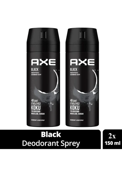 2 Adet Axe Erkek Deodorant & Bodyspray Black 48 Saat Etkileyici Koku Vücut Spreyi 150 Ml