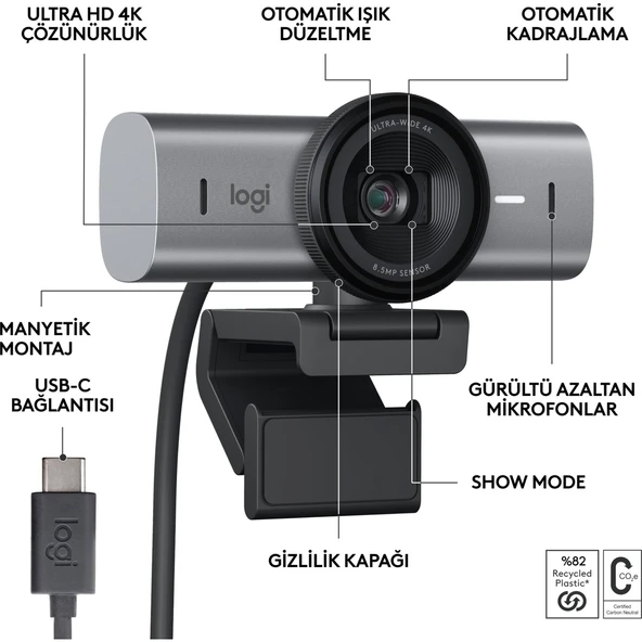 Logitech MX Brio Ultra HD 4K Gizlilik Kapaklı ve Mikrofonlu Yayın Web Kamerası, Koyu Gri - 6