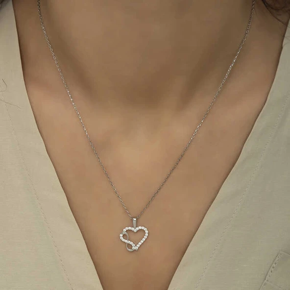 925 Ayar Gümüş Kalpli Sonsuzluk Kadın Gümüş Kolye - Resim 4