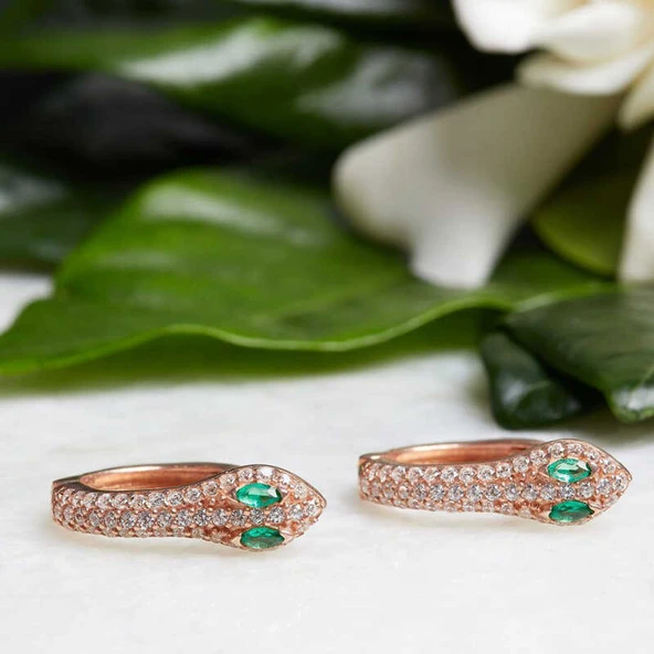 Gümüş Yeşil Gözlü Yılan Halka Küpe - Resim 3