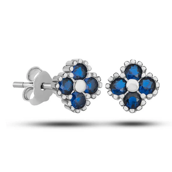 Gümüş Yonca Çivili Mavi Taşlı Çocuk Küpe ürün görseli 1