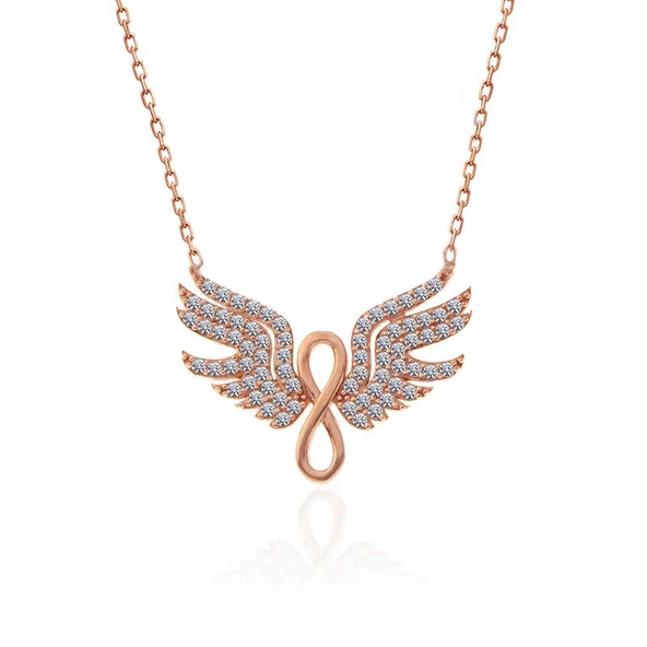 925 Ayar Gümüş Rose Melek Kanadı Sonsuzluk Kadın Kolye - Resim 3