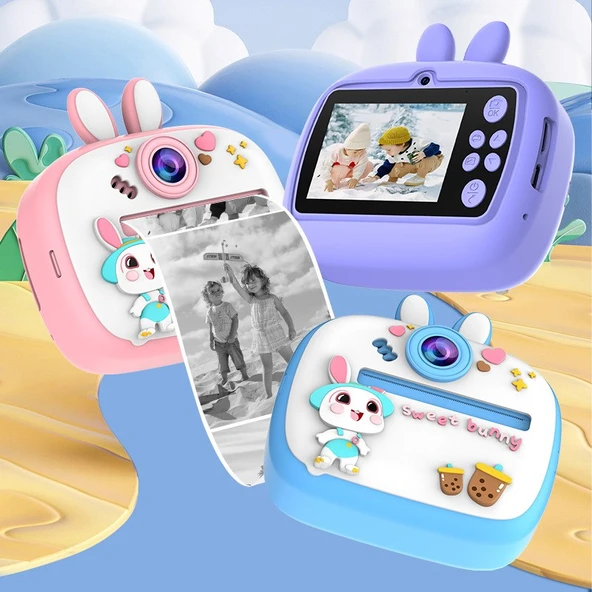 Tavşan Temalı Anında Baskılı Çocuk Kamerası Print Kamera | Çift Kamera, 2,0″ Ekran, Silikon Kılıf - 1
