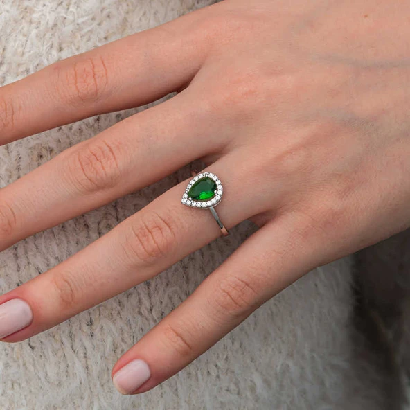 Gümüş Damla Zümrüt Taşlı Kadın Yüzük - Resim 2