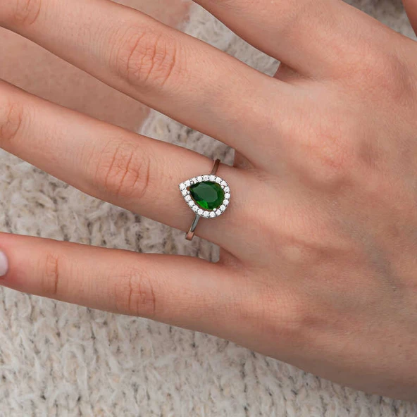 Gümüş Damla Zümrüt Taşlı Kadın Yüzük - Resim 3