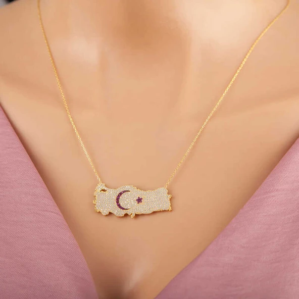 925 Ayar Gümüş Gold Ay Yıldız Türkiye Haritası Kadın Kolye ürün görseli 1