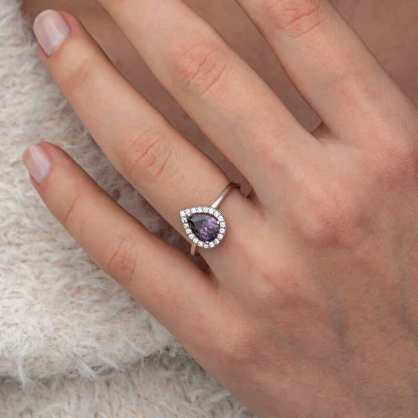 Gümüş Damla Mor Taşlı Kadın Yüzük - 3
