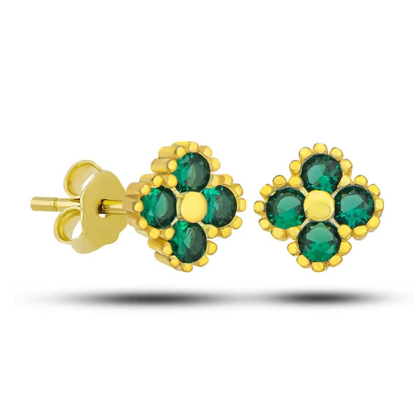 Gümüş Gold Yonca Çivili Yeşil Taşlı Çocuk Küpe ürün görseli 1