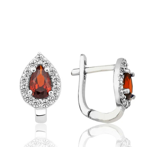 Gümüş Kırmızı Taşlı Damla J Kadın Küpe - Resim 2