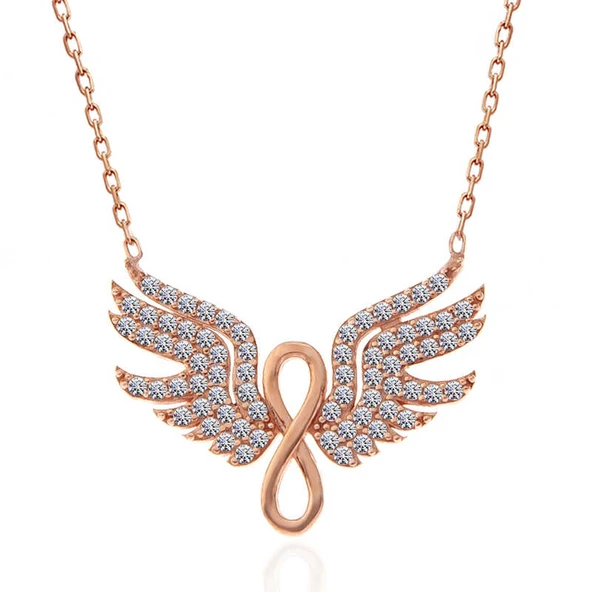 925 Ayar Gümüş Rose Melek Kanadı Sonsuzluk Kadın Kolye - Resim 5
