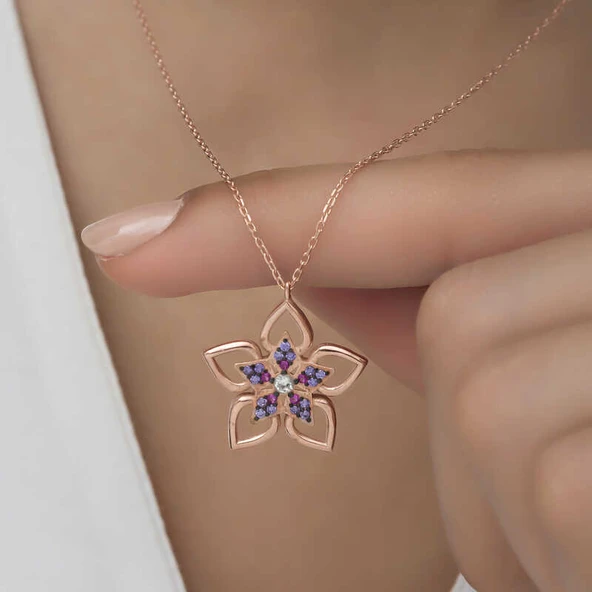 ​925 Ayar Gümüş Çiçek Kadın Gümüş Kolye - Resim 5