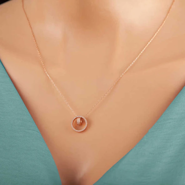 925 Ayar Gümüş Rose İç İçe Geçmiş Halka Kadın Kolye - Resim 4