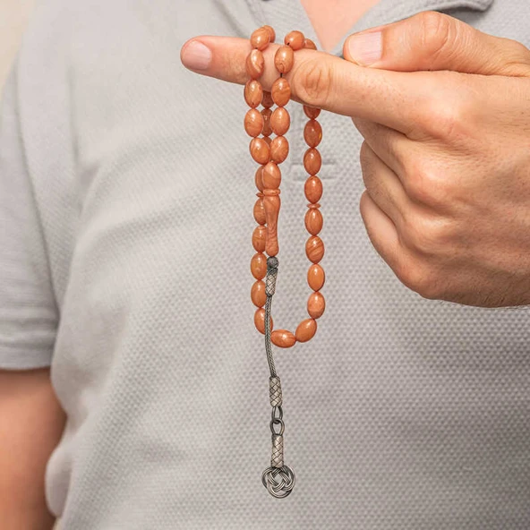 Gümüş Kazaz Püsküllü Sıkma Kehribar Tesbih - Resim 3