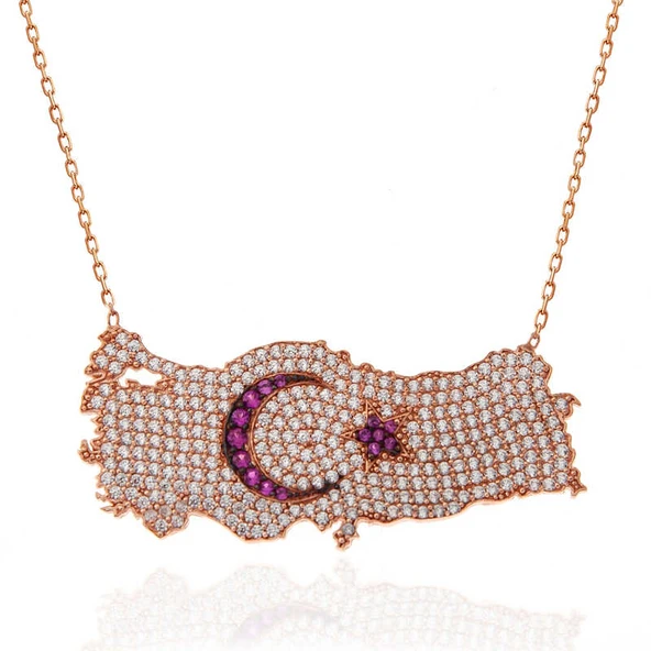 925 Ayar Gümüş Rose Ay Yıldız Türkiye Haritası Kadın Kolye - Resim 4