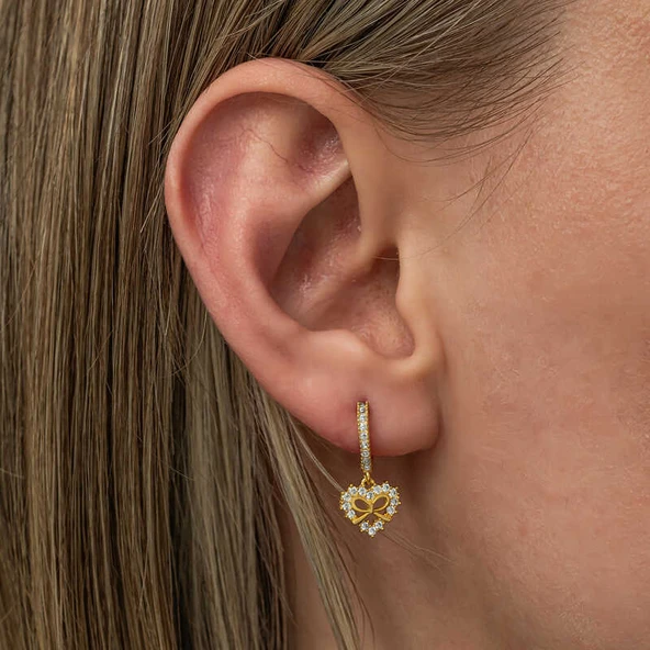 Gümüş Gold Kalp Kurdele Sallantılı Kadın Küpe - 2