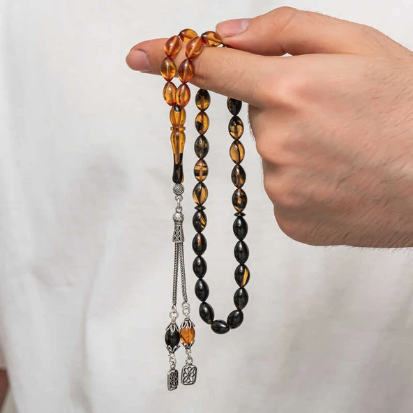 Gümüş Püskül Sıkma Kehribar Tesbih - 5