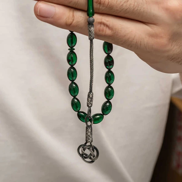 Gümüş Kazaz Püsküllü Sıkma Kehribar Tesbih - 2