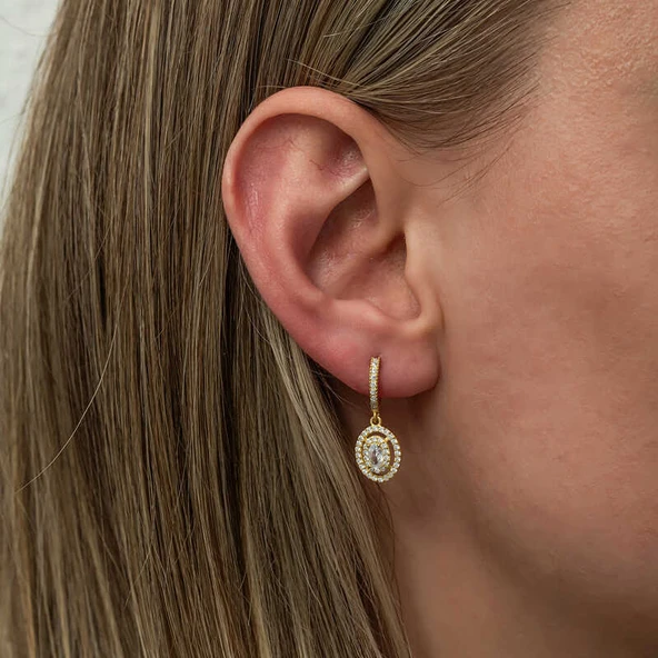 Gümüş Gold Oval Taşlı Sallantılı Küpe - 2