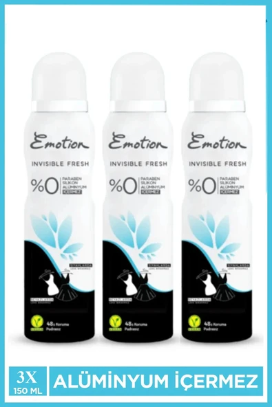3 Adet Emotion Invisible Fresh Black & White Kadın Deodorant 150ml Vegan, Leke Bırakmaz
